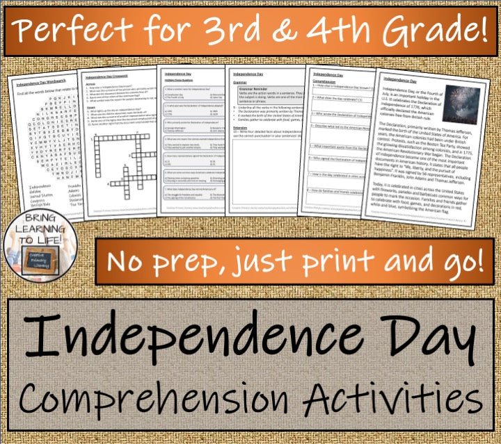 Independence Day Close Reading Passage & Comprehension Activities 3rd–4th Grade