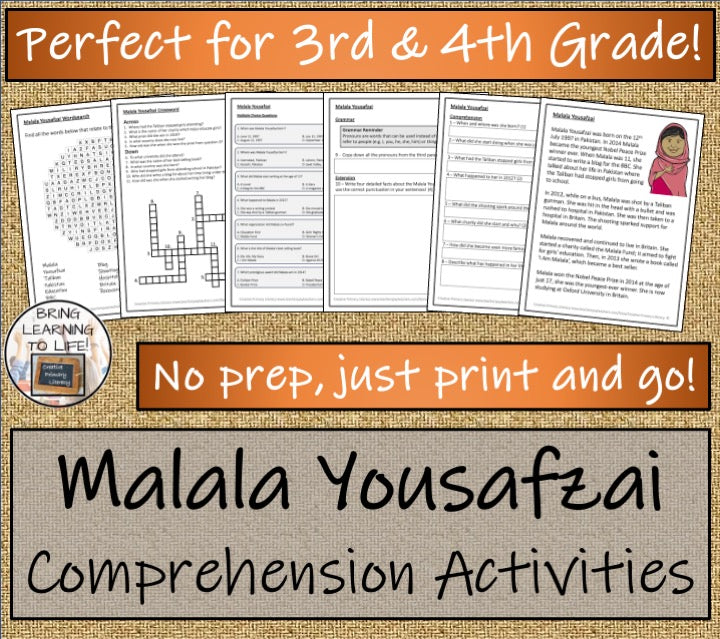 Malala Yousafzai Close Reading Comprehension Activities | 3rd Grade & 4th Grade