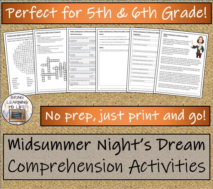 A Midsummer Night's Dream Close Reading Comprehension Activities | 5th & 6th Grade