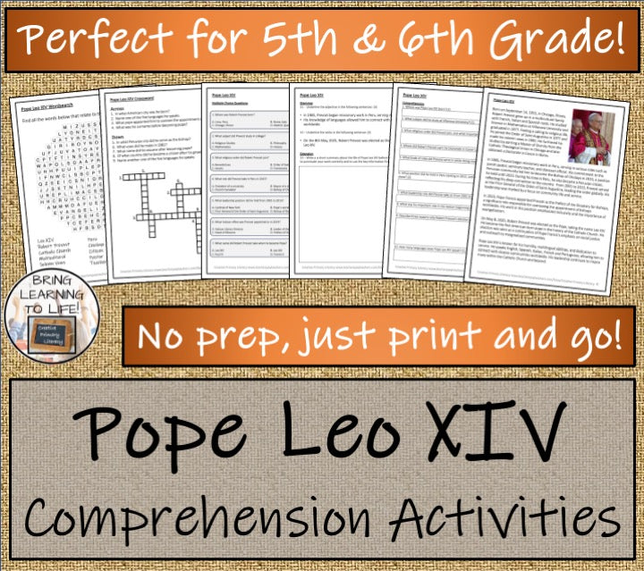 Pope Leo XIV Close Reading Comprehension Activities | 5th Grade & 6th Grade