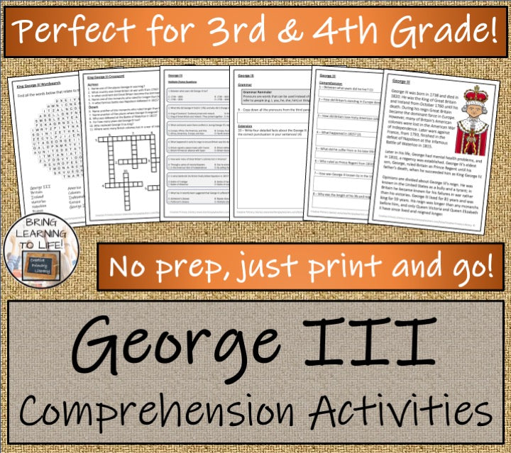 King George III Close Reading Comprehension Activities | 3rd Grade & 4th Grade