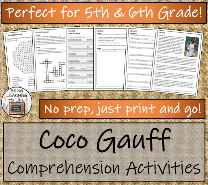 Coco Gauff Close Reading Comprehension Activities | 5th Grade & 6th Grade