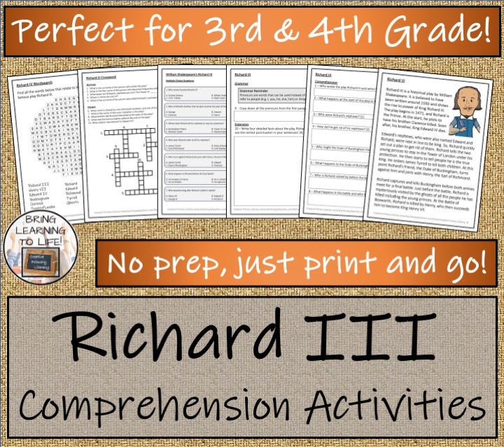 William Shakespeare's Richard III Close Reading Comprehension | 3rd & 4th Grade