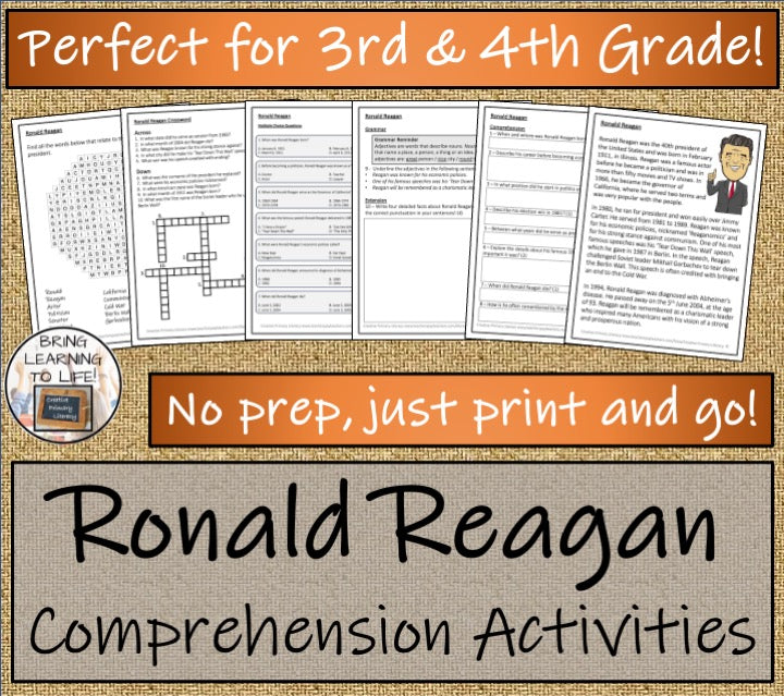 Ronald Reagan Close Reading Comprehension Activities | 3rd Grade & 4th Grade