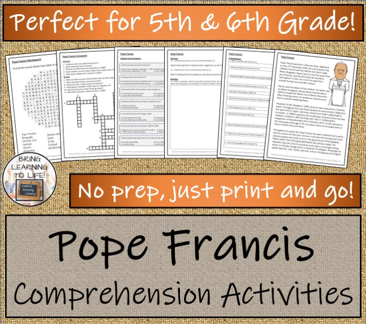 Pope Francis Close Reading Comprehension Activities | 5th Grade & 6th Grade