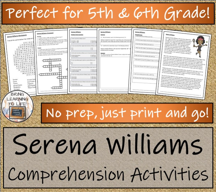 Serena Williams Close Reading Comprehension Activities | 5th Grade & 6th Grade