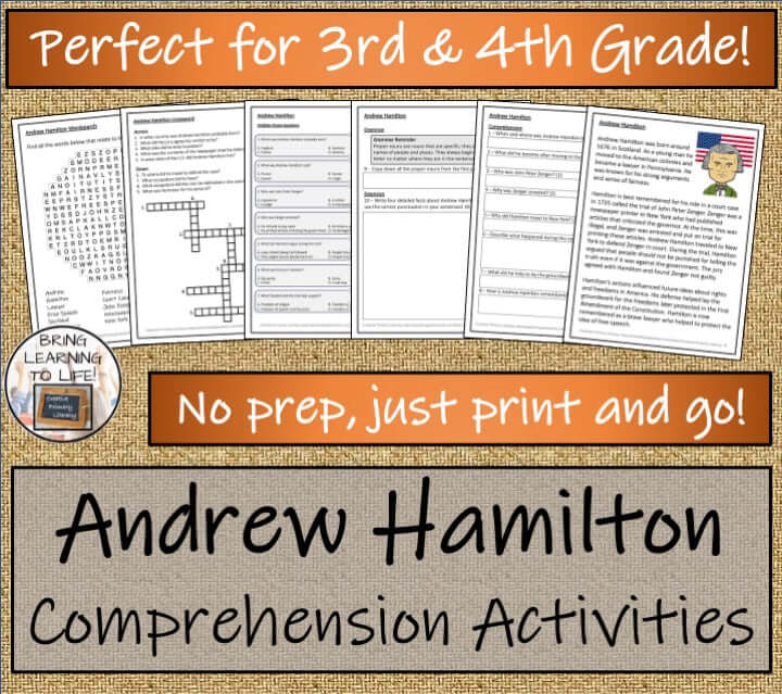 Andrew Hamilton Close Reading Passage & Comprehension Activities | 3rd–4th Grade educational resources layout.