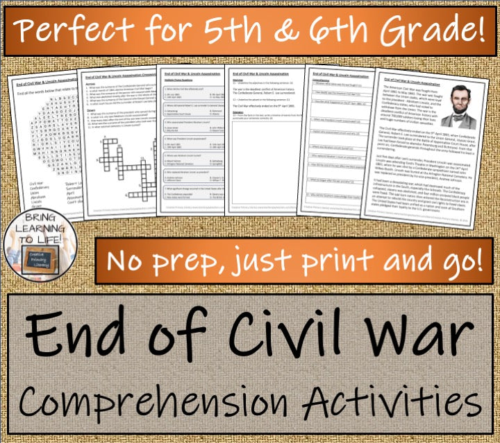 End of Civil War & Lincoln Assassination Close Reading Activitiies | 5th & 6th Grade