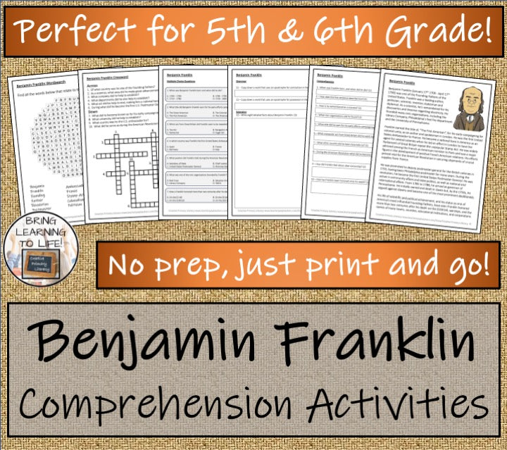 Benjamin Franklin Close Reading Comprehension Activities | 5th Grade & 6th Grade