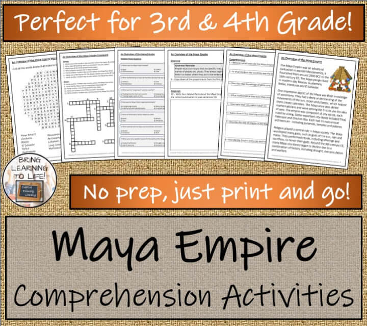 Maya Empire reading activities and presentation for 3rd-4th grade students with engaging materials.