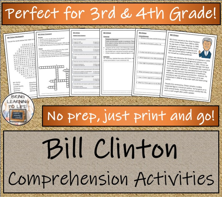 Bill Clinton Close Reading Comprehension Activities | 3rd Grade & 4th Grade