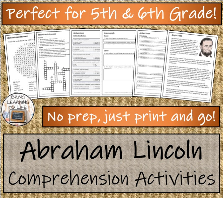 Abraham Lincoln Close Reading Comprehension Activities | 5th Grade & 6th Grade