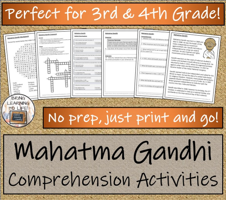 Mahatma Gandhi Close Reading Comprehension Activities | 3rd Grade & 4th Grade