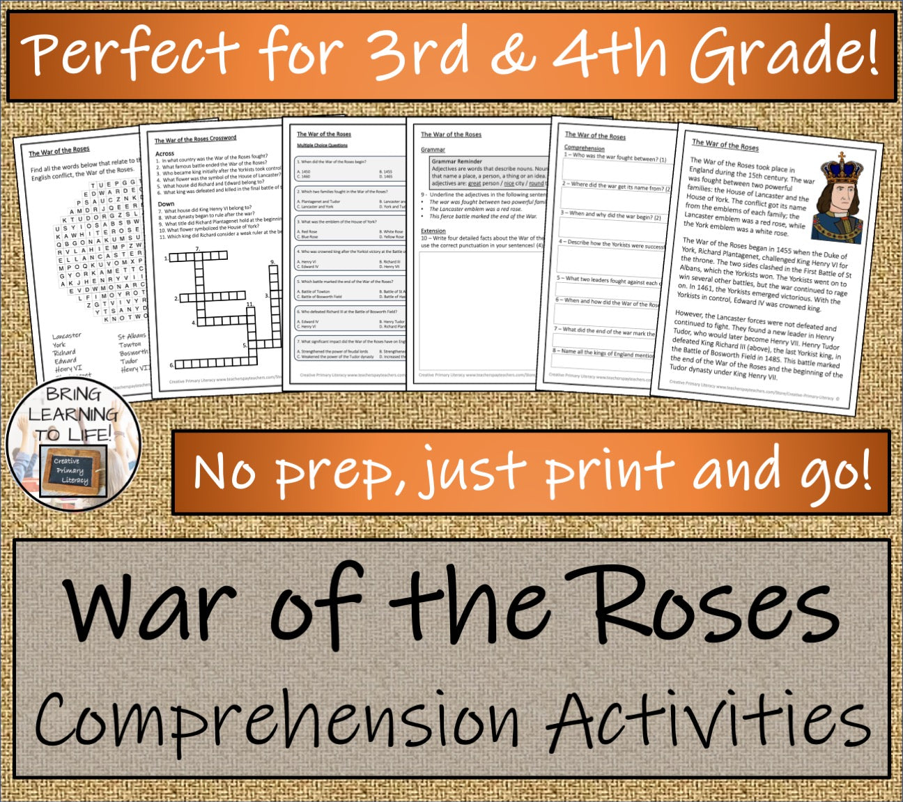 War of the Roses Close Reading Comprehension Activities | 3rd Grade & 4th Grade