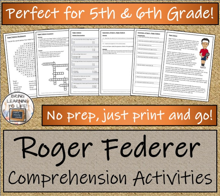 Roger Federer Close Reading Comprehension Activities | 5th Grade & 6th Grade