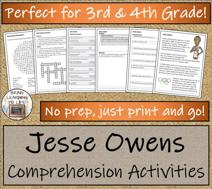 Jesse Owens Close Reading Comprehension Activities | 3rd Grade & 4th Grade