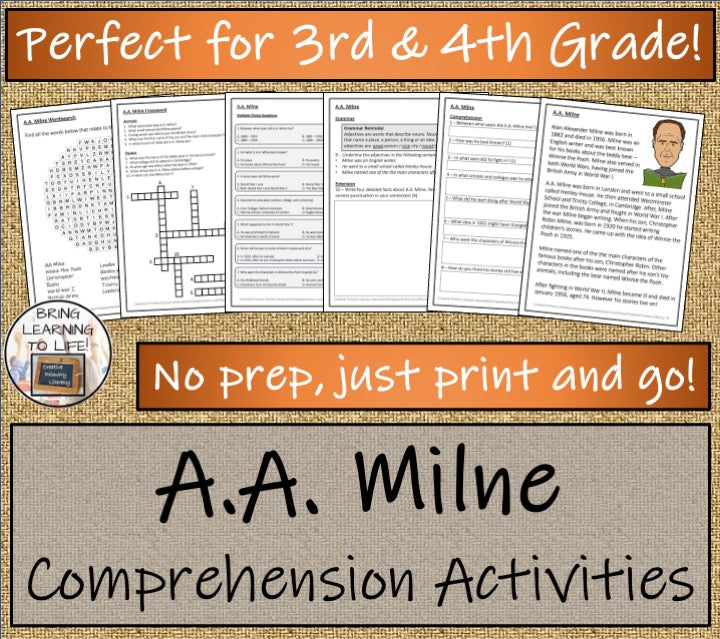 A.A. Milne Close Reading Comprehension Activities | 3rd Grade & 4th Grade