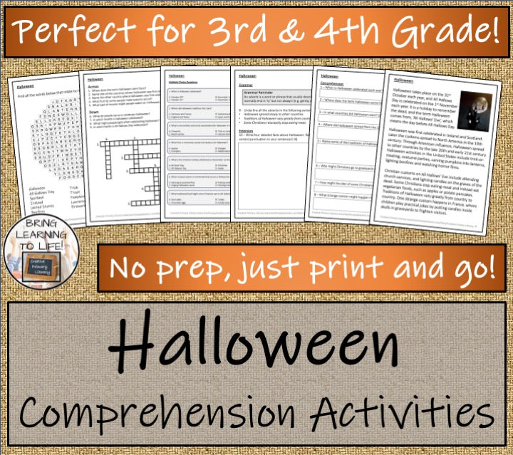 Halloween Close Reading Comprehension Activities | 3rd Grade & 4th Grade