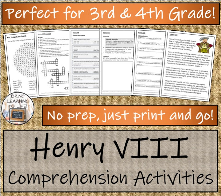 King Henry VIII Close Reading Comprehension Activities | 3rd Grade & 4th Grade