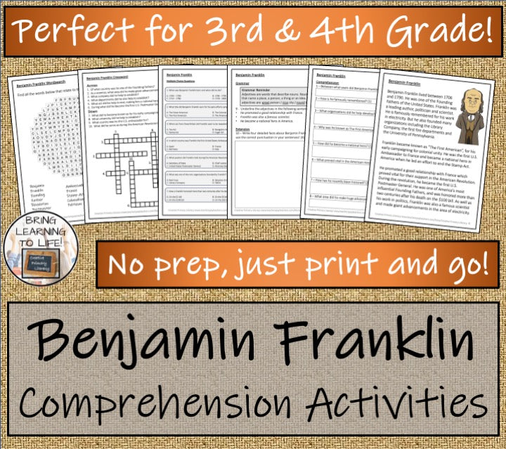 Benjamin Franklin Close Reading Comprehension Activities | 3rd Grade & 4th Grade