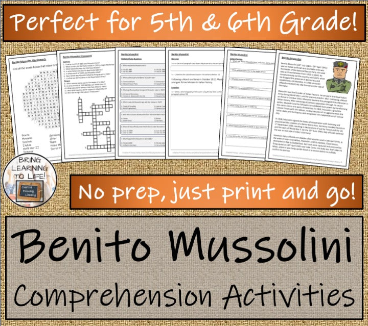 Benito Mussolini Close Reading Comprehension Activities | 5th Grade & 6th Grade