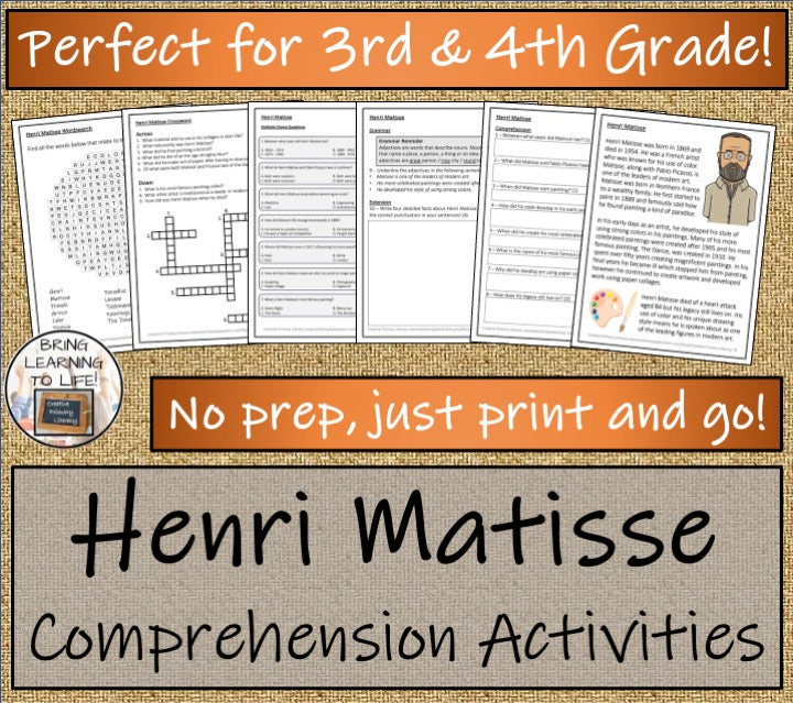 Henri Matisse Close Reading Comprehension Activities | 3rd Grade & 4th Grade