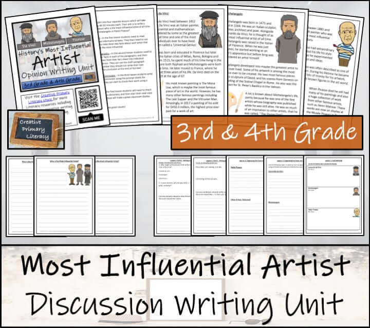 Most Influential Artist Opinion Writing Unit | 3rd–4th Grade materials showcasing discussion and writing resources.