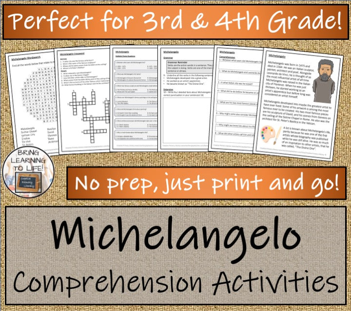 Michelangelo Close Reading Comprehension Activities | 3rd Grade & 4th Grade