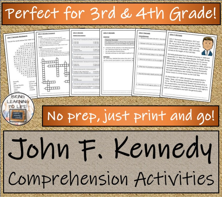 John F. Kennedy Close Reading Comprehension Activities | 3rd Grade & 4th Grade