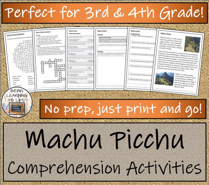 Machu Picchu Close Reading Comprehension Activities | 3rd Grade & 4th Grade