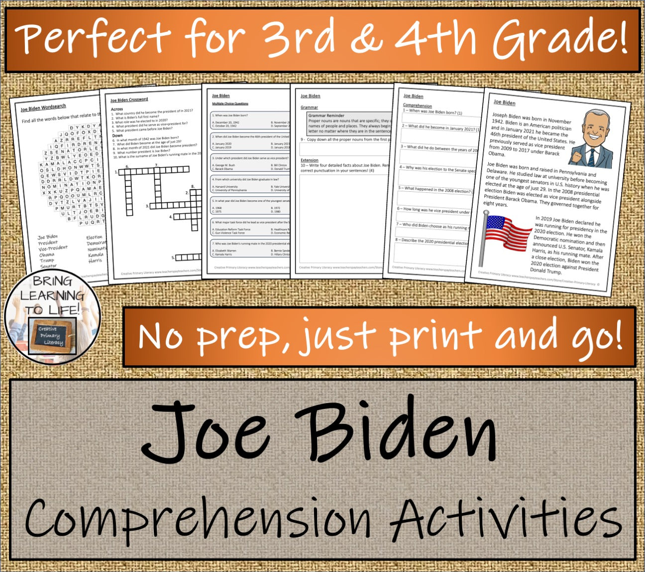 Joe Biden Close Reading Comprehension Activities | 3rd Grade & 4th Grade