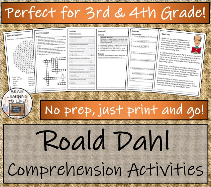 Roald Dahl Close Reading Comprehension Activities | 3rd Grade & 4th Grade