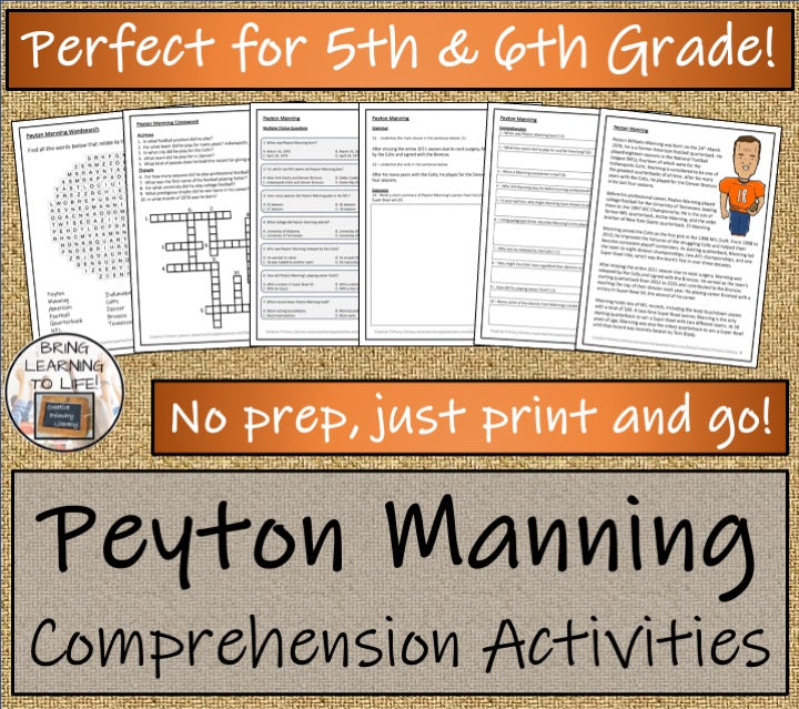 Peyton Manning Close Reading Comprehension Activities | 5th Grade & 6th Grade