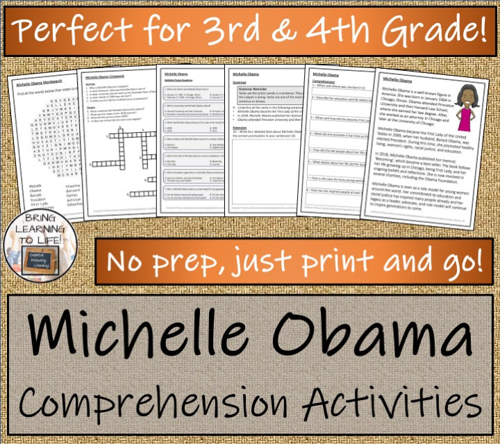 Michelle Obama Close Reading Comprehension Activities | 3rd Grade & 4th Grade