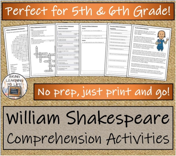 William Shakespeare Close Reading & Biography Bundle | 5th Grade & 6th Grade