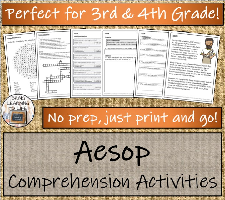 Aesop Close Reading Comprehension Activities | 3rd Grade & 4th Grade