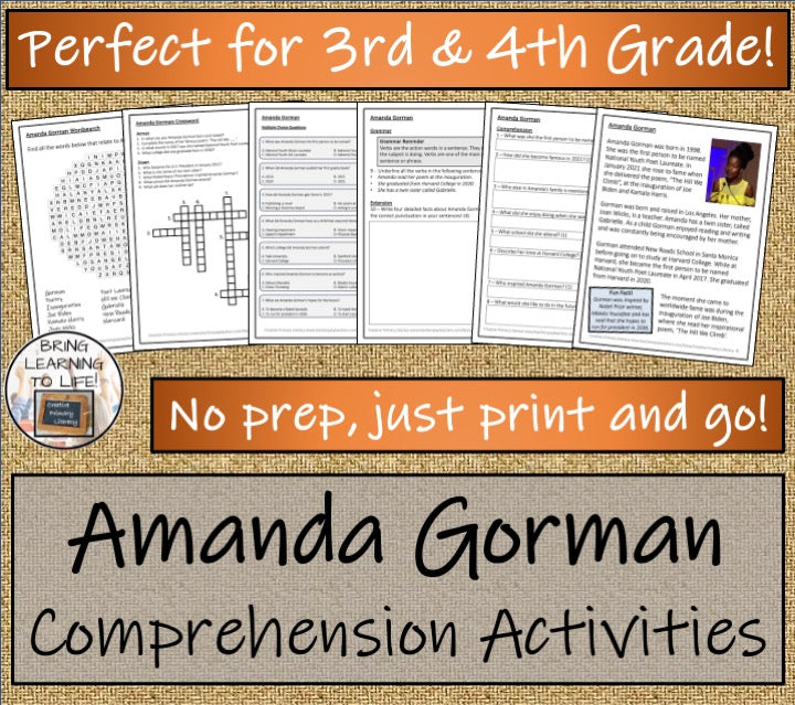 Amanda Gorman Close Reading Comprehension Activities | 3rd Grade & 4th Grade