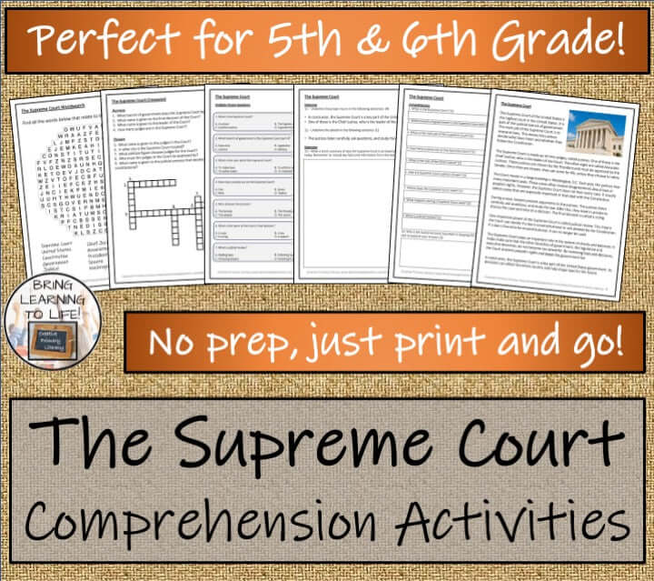 The Supreme Court Close Reading & Comprehension Activities | 5th–6th Grade, featuring various comprehension tasks for students.