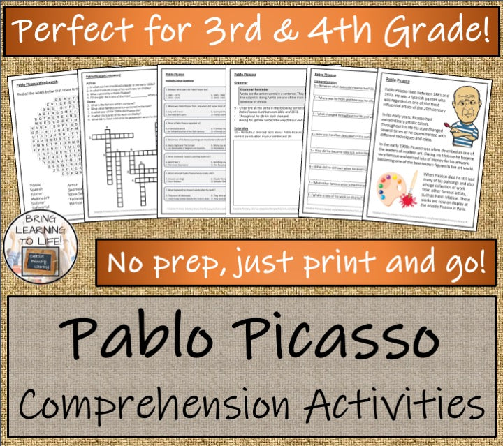 Pablo Picasso Close Reading Comprehension Activities | 3rd Grade & 4th Grade