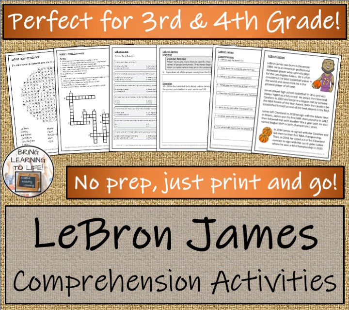 LeBron James Close Reading Comprehension Activities | 3rd Grade & 4th Grade