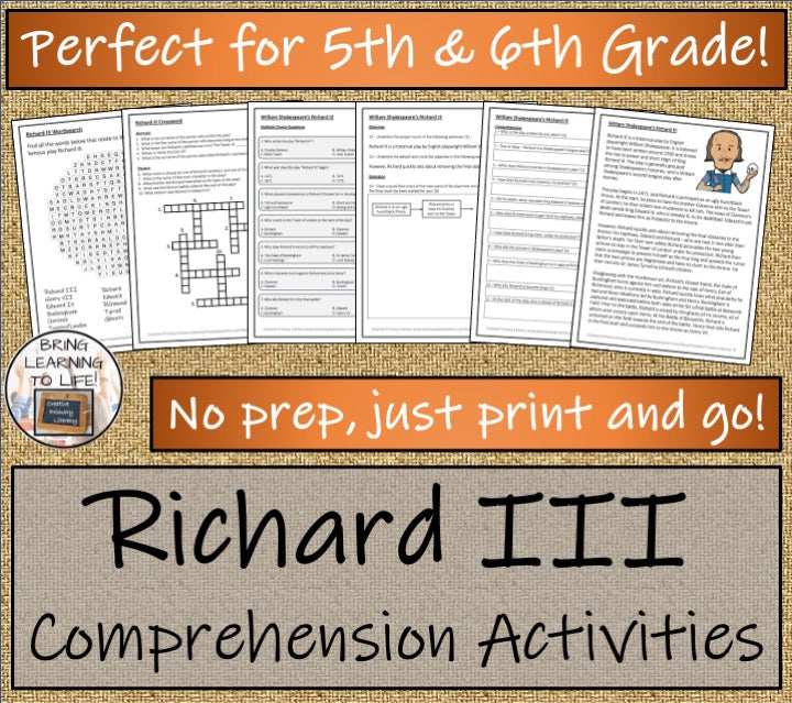 William Shakespeare's Richard III Close Reading Comprehension | 5th & 6th Grade