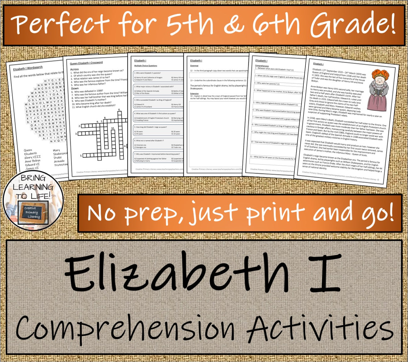 Queen Elizabeth I Close Reading Comprehension Activities | 5th Grade & 6th Grade