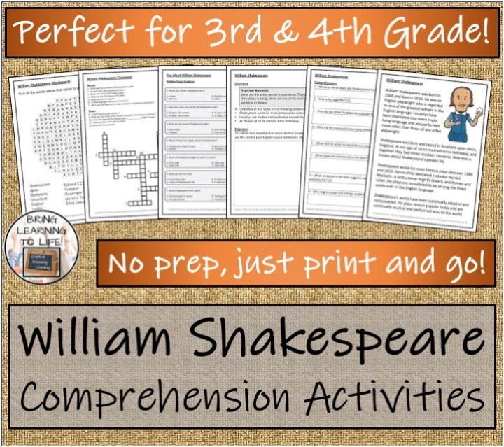 William Shakespeare Close Reading & Biography Bundle | 3rd Grade & 4th Grade