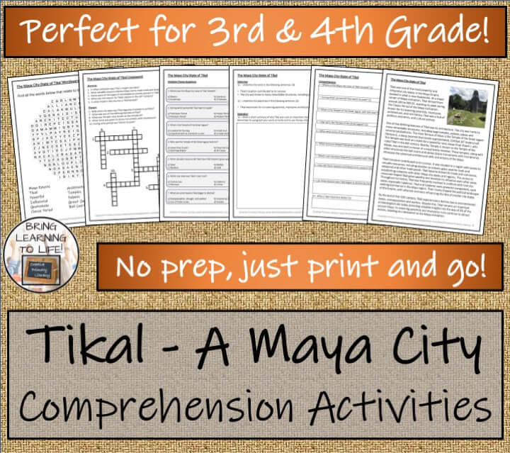 Tikal reading comprehension activities and presentation for 3rd-4th grade with engaging worksheets.