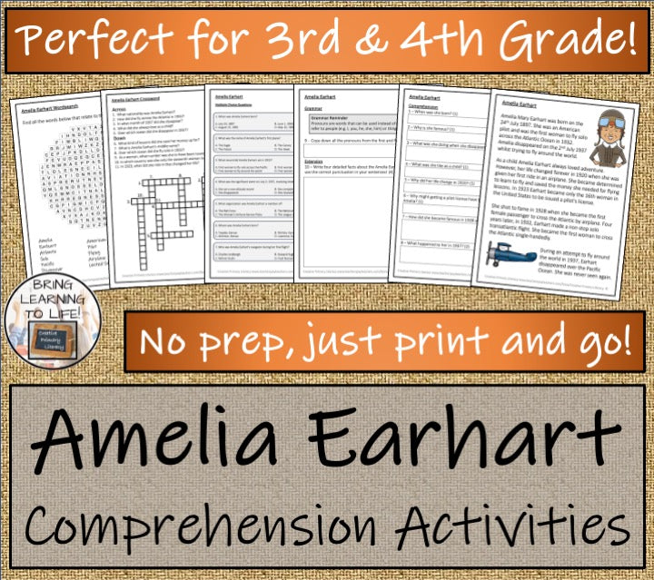 Amelia Earhart Close Reading Comprehension Activities | 3rd Grade & 4th Grade