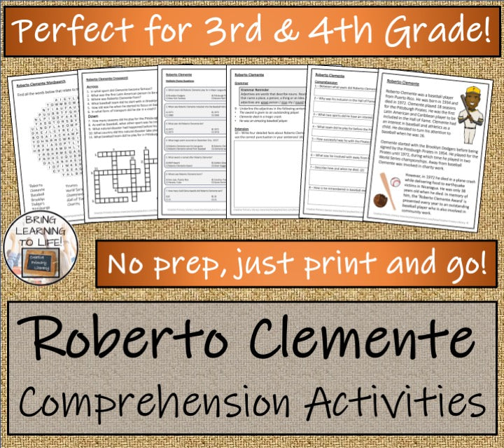 Roberto Clemente Close Reading Comprehension Activities | 3rd Grade & 4th Grade