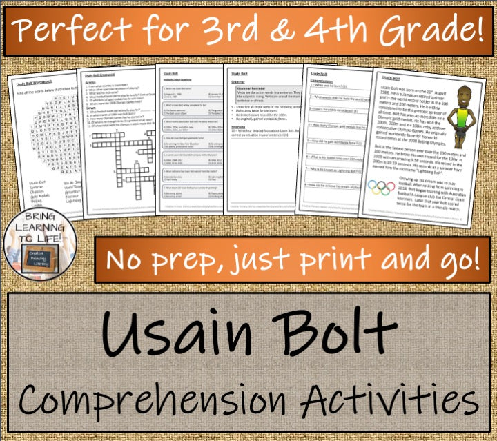 Usain Bolt Close Reading Comprehension Activities | 3rd Grade & 4th Grade