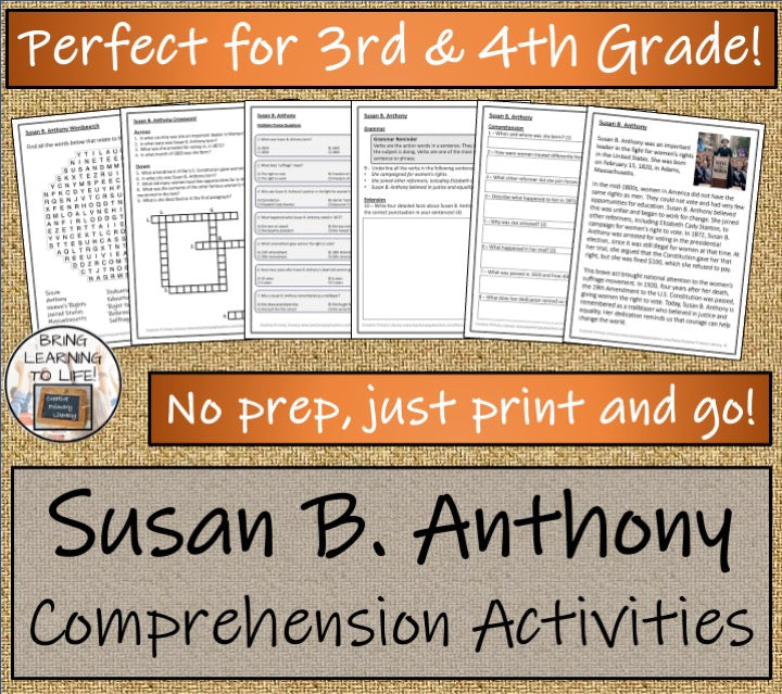 Susan B. Anthony Close Reading Comprehension Activities | 3rd Grade & 4th Grade