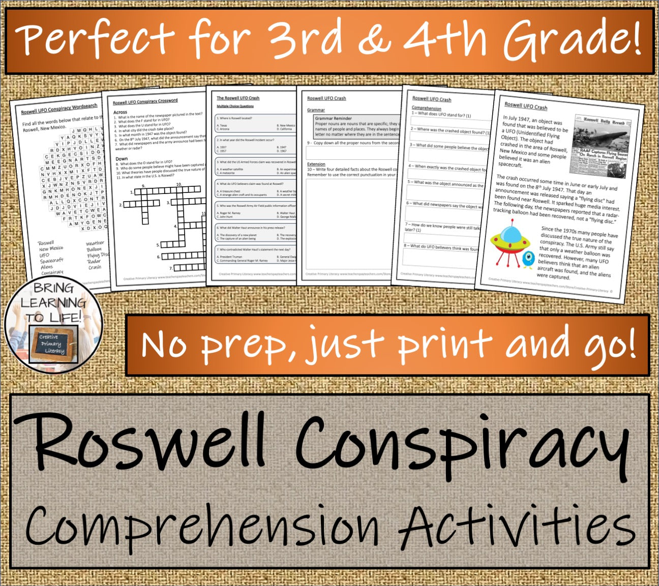 Roswell UFO Conspiracy Close Reading Comprehension Activities | 3rd & 4th Grade