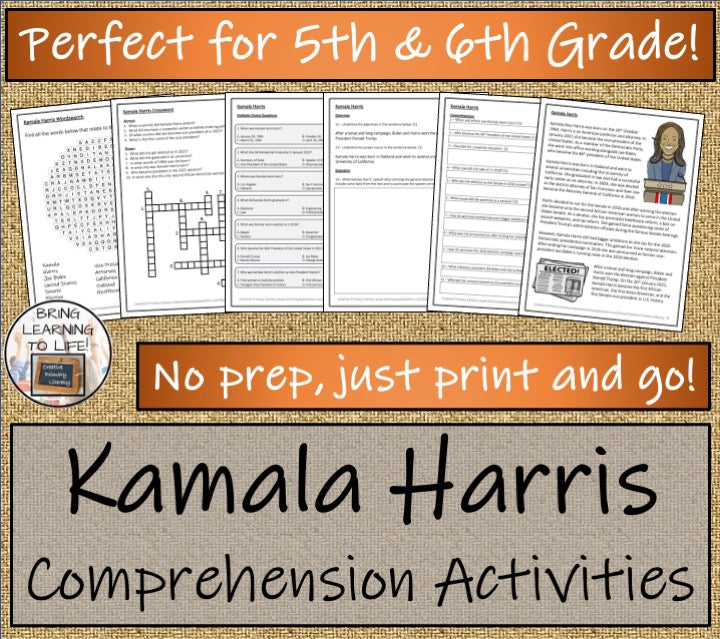 Kamala Harris Close Reading Comprehension Activities | 5th Grade & 6th Grade